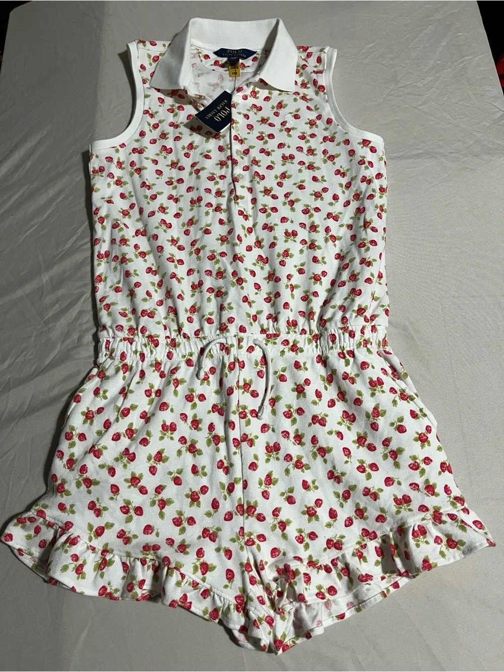 Polo Ralph Lauren White with Red Strawberry Print Romper Girl Size XL 16 NWT